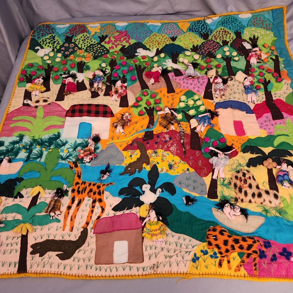 Vintage Peruvian FolkArt Handmade Embroidery Wall Tapestry Harvesting Colorful